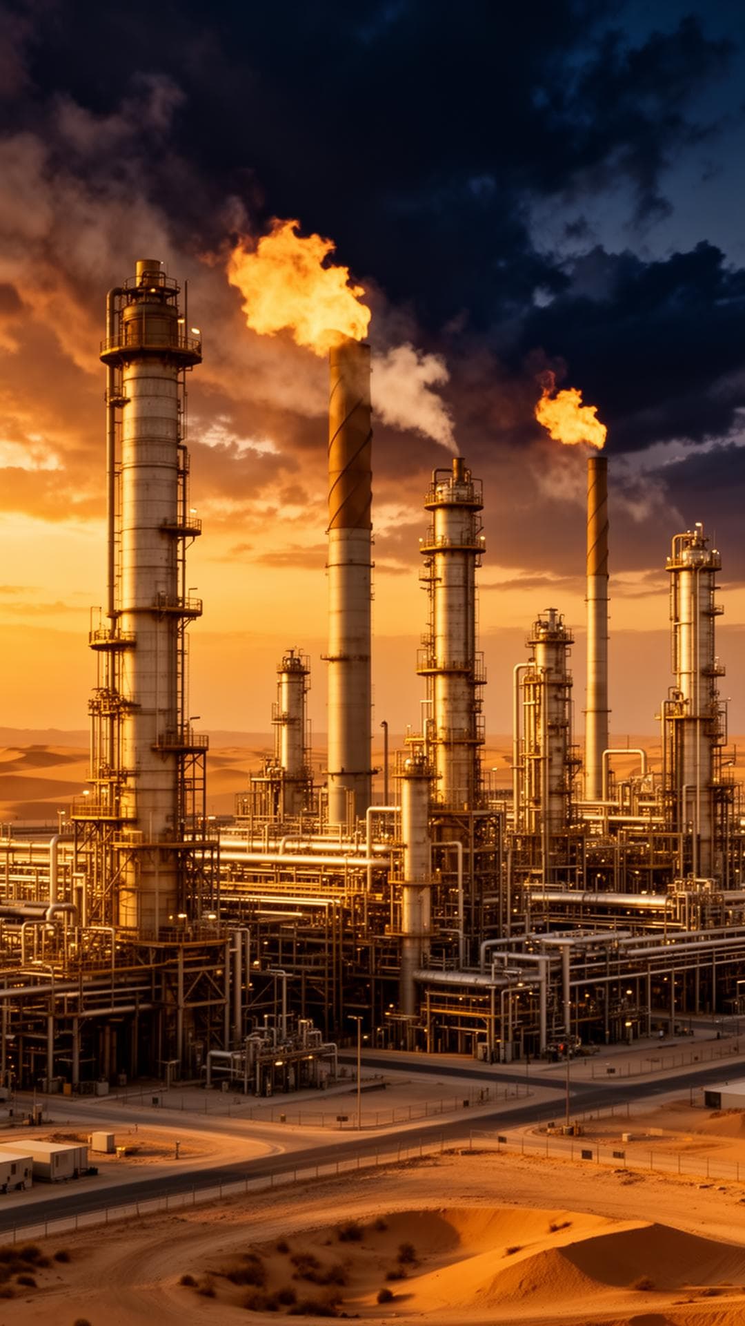 Saudi oil and gas refinery at golden hour